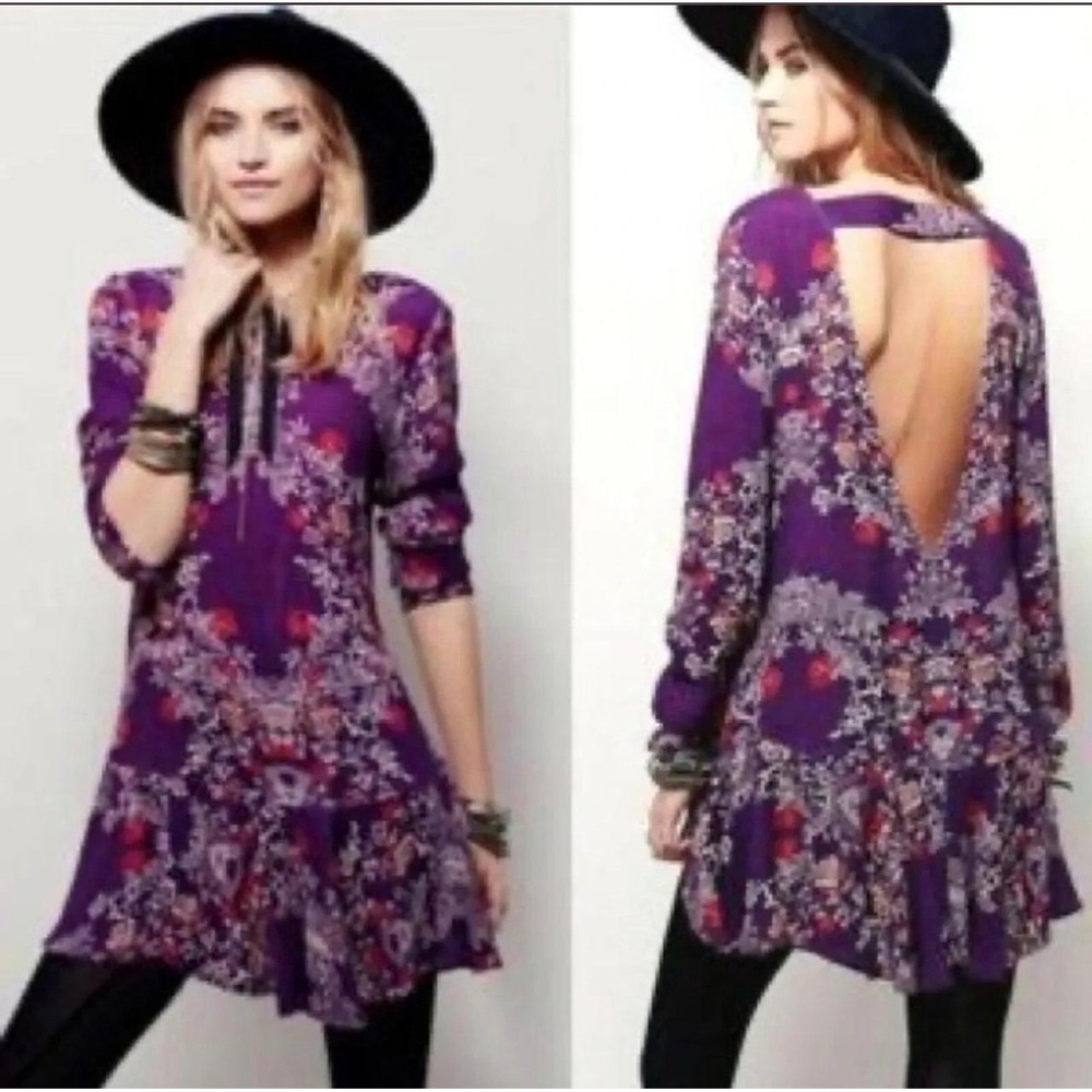 Free People Smooth Talker Mini Dress Purple Floral Open Back Boho Size M